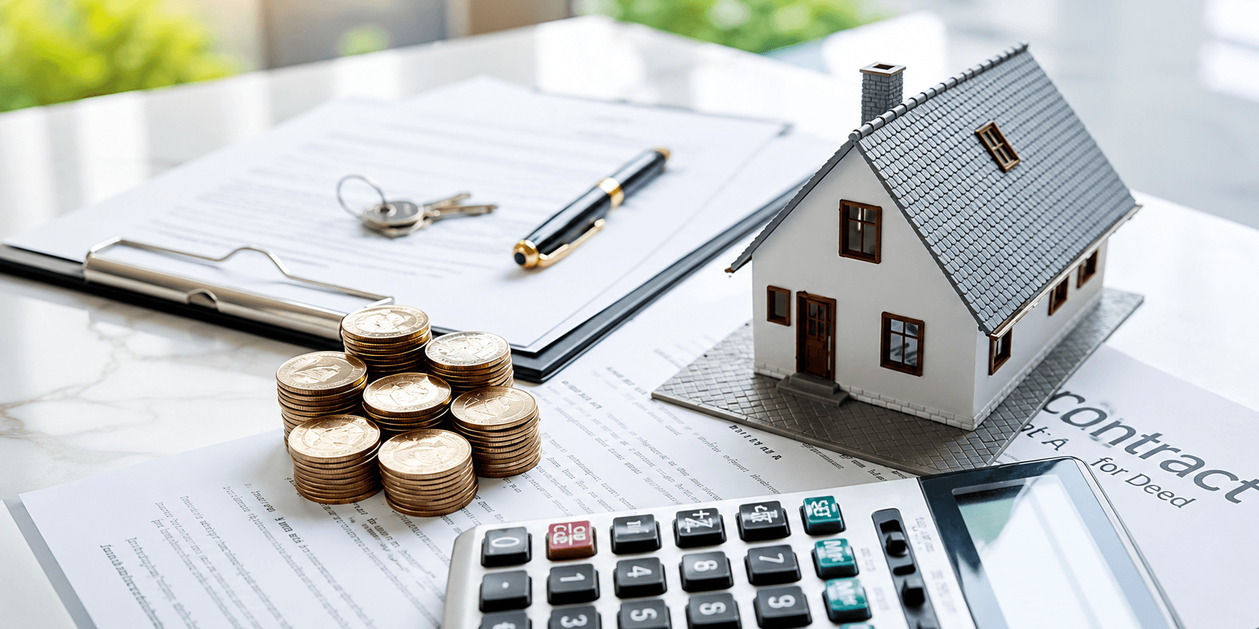 Model house, coins, keys and a calculator on home loan paperwork